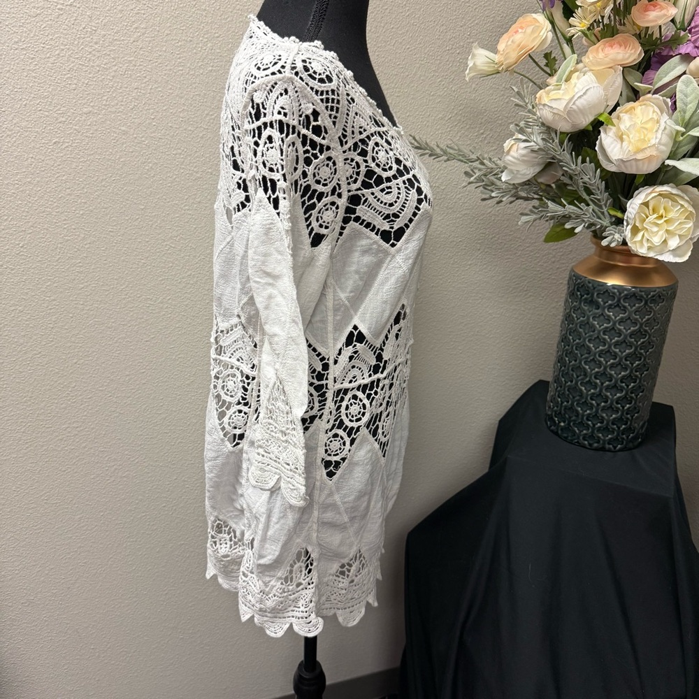 White Boho Crochet Lace Tunic Top | Sheer Festival Beach Cover Up M - Picture 5 of 6